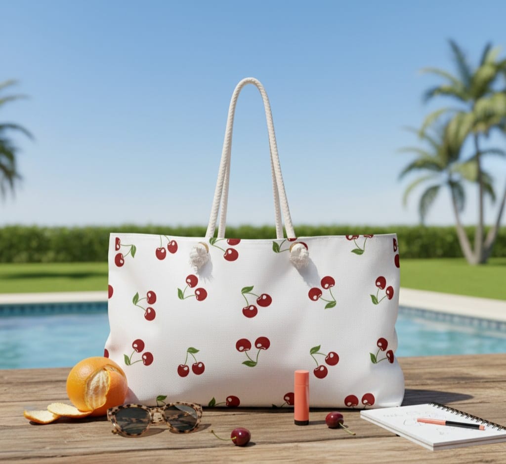 Cherry Print Weekender Bag, Travel Tote, Beach Bag, Vacation Carryall, Gift for Her
